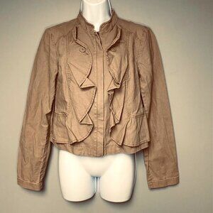 Ann Taylor LOFT Linen Crop Ruffle Full Zip Lightweight Tan Jacket Women's Size S